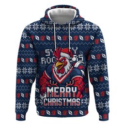 Personalized Sydney Roosters Christmas Hoodie Australian Rugby Fans - Pixelated Ugly Xmas Pattern Mascot Santa