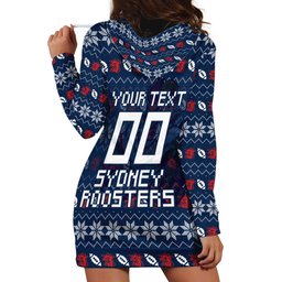 Personalized Sydney Roosters Christmas Hoodie Dress Australian Rugby Fans - Pixelated Ugly Xmas Pattern Mascot Santa