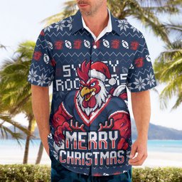 Personalized Sydney Roosters Christmas Hawaiian Shirt Australian Rugby Fans - Pixelated Ugly Xmas Pattern Mascot Santa