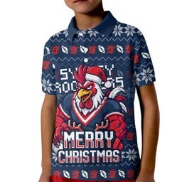 Personalized Sydney Roosters Christmas Kid Polo Shirt Australian Rugby Fans - Pixelated Ugly Xmas Pattern Mascot Santa