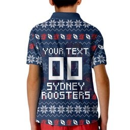 Personalized Sydney Roosters Christmas Kid Polo Shirt Australian Rugby Fans - Pixelated Ugly Xmas Pattern Mascot Santa