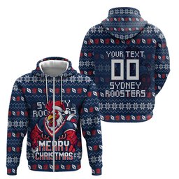 Personalized Sydney Roosters Christmas Zip Hoodie Australian Rugby Fans - Pixelated Ugly Xmas Pattern Mascot Santa