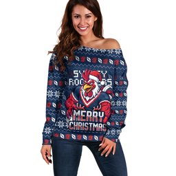 Personalized Sydney Roosters Christmas Off Shoulder Sweater Australian Rugby Fans - Pixelated Ugly Xmas Pattern Mascot Santa