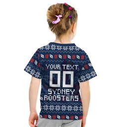 Personalized Sydney Roosters Christmas Kid T Shirt Australian Rugby Fans - Pixelated Ugly Xmas Pattern Mascot Santa
