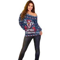 Personalized Sydney Roosters Christmas Off Shoulder Sweater Australian Rugby Fans - Pixelated Ugly Xmas Pattern Mascot Santa