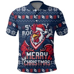 Personalized Sydney Roosters Christmas Polo Shirt Australian Rugby Fans - Pixelated Ugly Xmas Pattern Mascot Santa