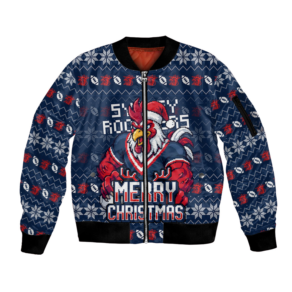 Personalized Sydney Roosters Christmas Sleeve Zip Bomber Jacket Australian Rugby Fans - Pixelated Ugly Xmas Pattern Mascot Santa