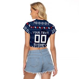 Personalized Sydney Roosters Christmas Raglan Cropped T Shirt Australian Rugby Fans - Pixelated Ugly Xmas Pattern Mascot Santa