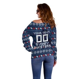 Personalized Sydney Roosters Christmas Off Shoulder Sweater Australian Rugby Fans - Pixelated Ugly Xmas Pattern Mascot Santa