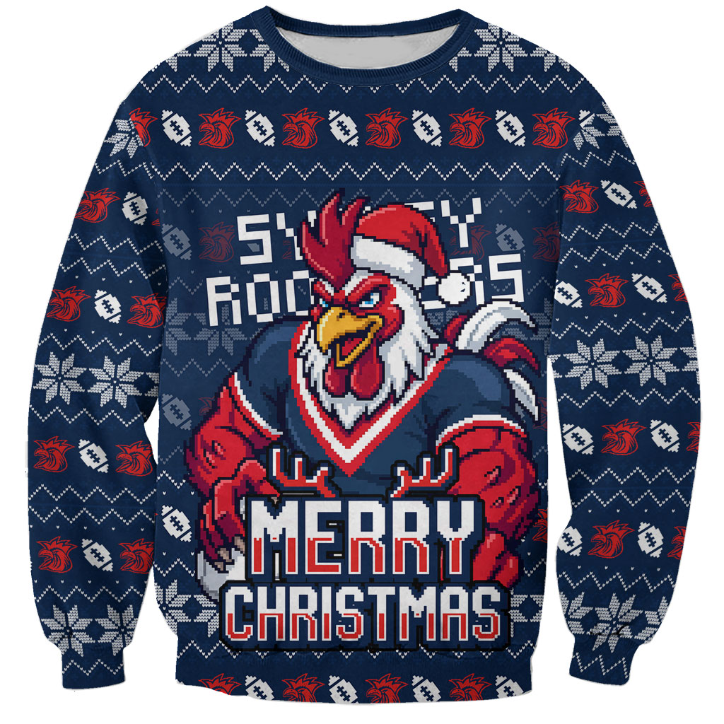 Personalized Sydney Roosters Christmas Sweatshirt Australian Rugby Fans - Pixelated Ugly Xmas Pattern Mascot Santa
