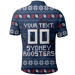 Personalized Sydney Roosters Christmas Polo Shirt Australian Rugby Fans - Pixelated Ugly Xmas Pattern Mascot Santa