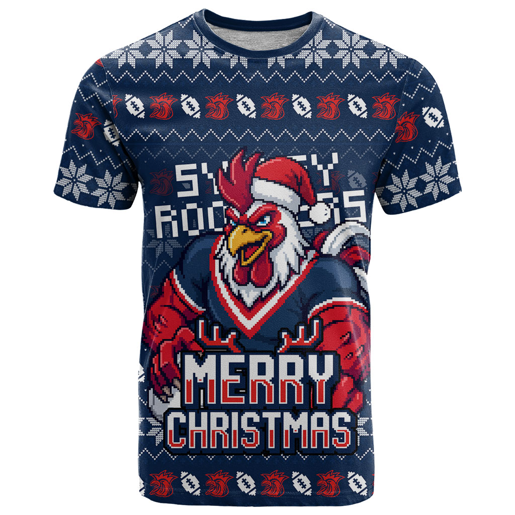 Personalized Sydney Roosters Christmas T Shirt Australian Rugby Fans - Pixelated Ugly Xmas Pattern Mascot Santa