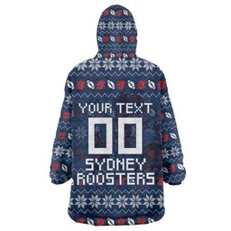 Personalized Sydney Roosters Christmas Wearable Blanket Hoodie Australian Rugby Fans - Pixelated Ugly Xmas Pattern Mascot Santa