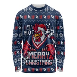 Personalized Sydney Roosters Christmas Long Sleeve Shirt Australian Rugby Fans - Pixelated Ugly Xmas Pattern Mascot Santa