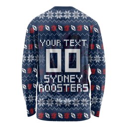 Personalized Sydney Roosters Christmas Long Sleeve Shirt Australian Rugby Fans - Pixelated Ugly Xmas Pattern Mascot Santa