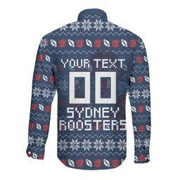Personalized Sydney Roosters Christmas Long Sleeve Button Shirt Australian Rugby Fans - Pixelated Ugly Xmas Pattern Mascot Santa