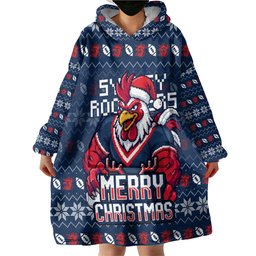 Personalized Sydney Roosters Christmas Wearable Blanket Hoodie Australian Rugby Fans - Pixelated Ugly Xmas Pattern Mascot Santa