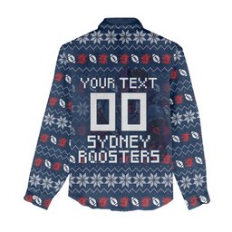 Personalized Sydney Roosters Christmas Women Casual Shirt Australian Rugby Fans - Pixelated Ugly Xmas Pattern Mascot Santa