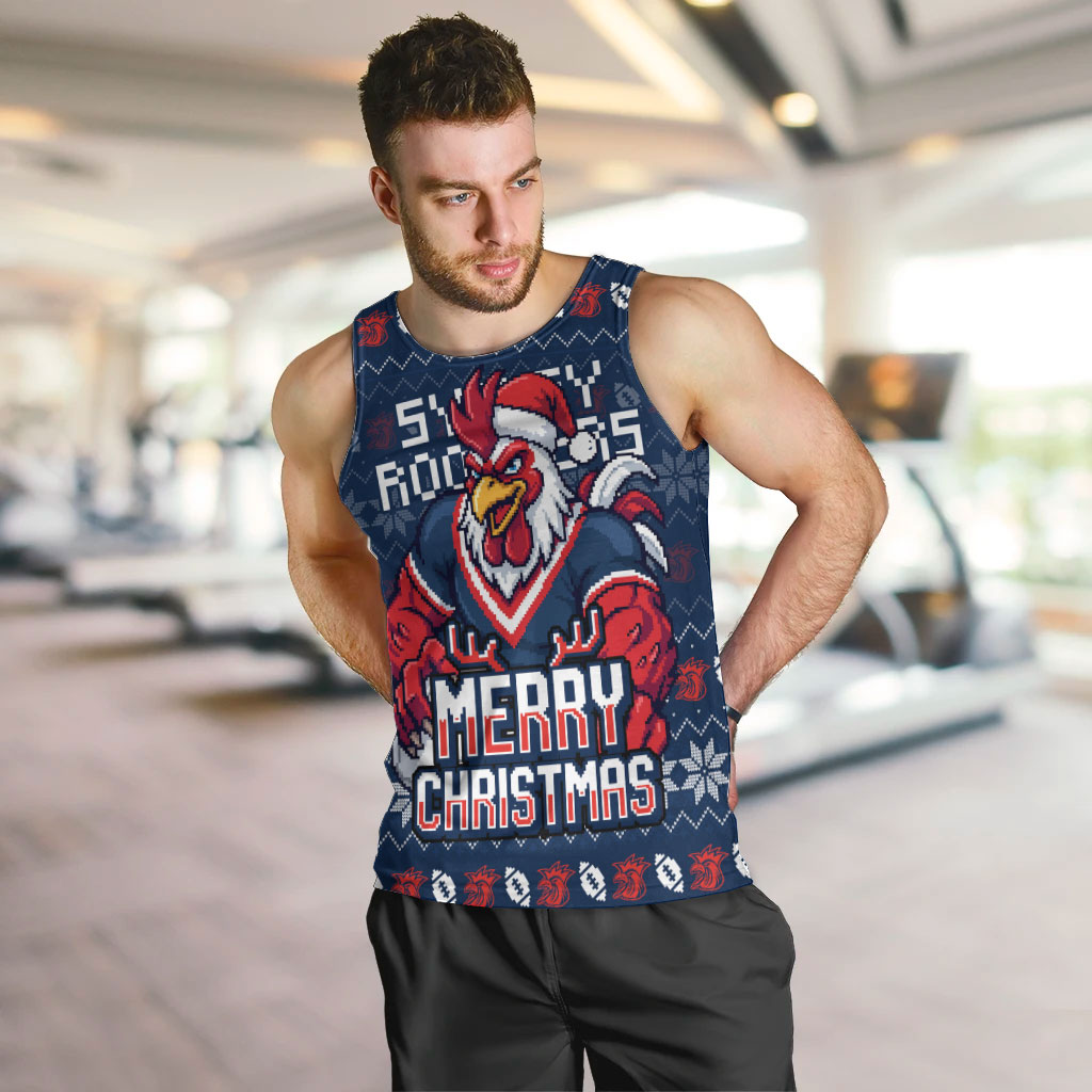 Personalized Sydney Roosters Christmas Men Tank Top Australian Rugby Fans - Pixelated Ugly Xmas Pattern Mascot Santa