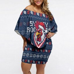 Personalized Sydney Roosters Christmas Off Shoulder Short Dress Australian Rugby Fans - Pixelated Ugly Xmas Pattern Mascot Santa