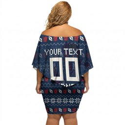Personalized Sydney Roosters Christmas Off Shoulder Short Dress Australian Rugby Fans - Pixelated Ugly Xmas Pattern Mascot Santa
