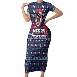Personalized Sydney Roosters Christmas Short Sleeve Bodycon Dress Australian Rugby Fans - Pixelated Ugly Xmas Pattern Mascot Santa