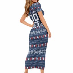 Personalized Sydney Roosters Christmas Short Sleeve Bodycon Dress Australian Rugby Fans - Pixelated Ugly Xmas Pattern Mascot Santa