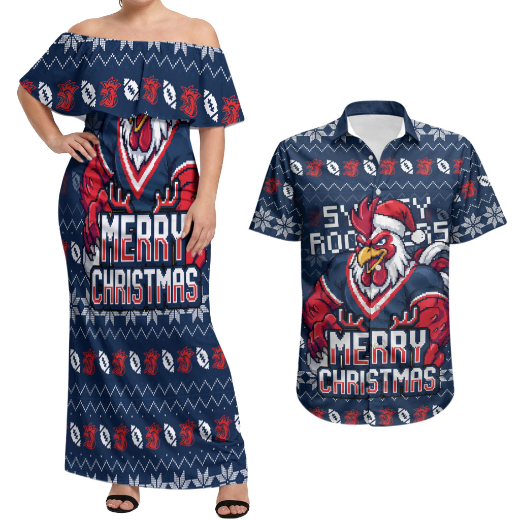 Personalized Sydney Roosters Christmas Couples Matching Off Shoulder Maxi Dress and Hawaiian Shirt Australian Rugby Fans - Pixelated Ugly Xmas Pattern Mascot Santa