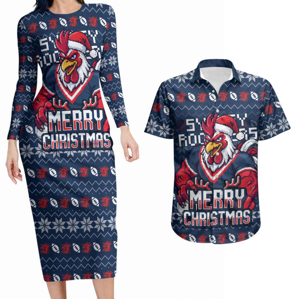 Personalized Sydney Roosters Christmas Couples Matching Long Sleeve Bodycon Dress and Hawaiian Shirt Australian Rugby Fans - Pixelated Ugly Xmas Pattern Mascot Santa