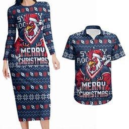 Personalized Sydney Roosters Christmas Couples Matching Long Sleeve Bodycon Dress and Hawaiian Shirt Australian Rugby Fans - Pixelated Ugly Xmas Pattern Mascot Santa