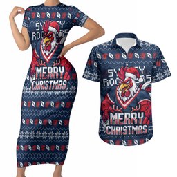 Personalized Sydney Roosters Christmas Couples Matching Short Sleeve Bodycon Dress and Hawaiian Shirt Australian Rugby Fans - Pixelated Ugly Xmas Pattern Mascot Santa