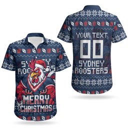 Personalized Sydney Roosters Christmas Couples Matching Puletasi and Hawaiian Shirt Australian Rugby Fans - Pixelated Ugly Xmas Pattern Mascot Santa