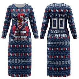 Personalized Sydney Roosters Christmas Couples Matching Long Sleeve Bodycon Dress and Hawaiian Shirt Australian Rugby Fans - Pixelated Ugly Xmas Pattern Mascot Santa