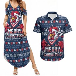 Personalized Sydney Roosters Christmas Couples Matching Summer Maxi Dress and Hawaiian Shirt Australian Rugby Fans - Pixelated Ugly Xmas Pattern Mascot Santa