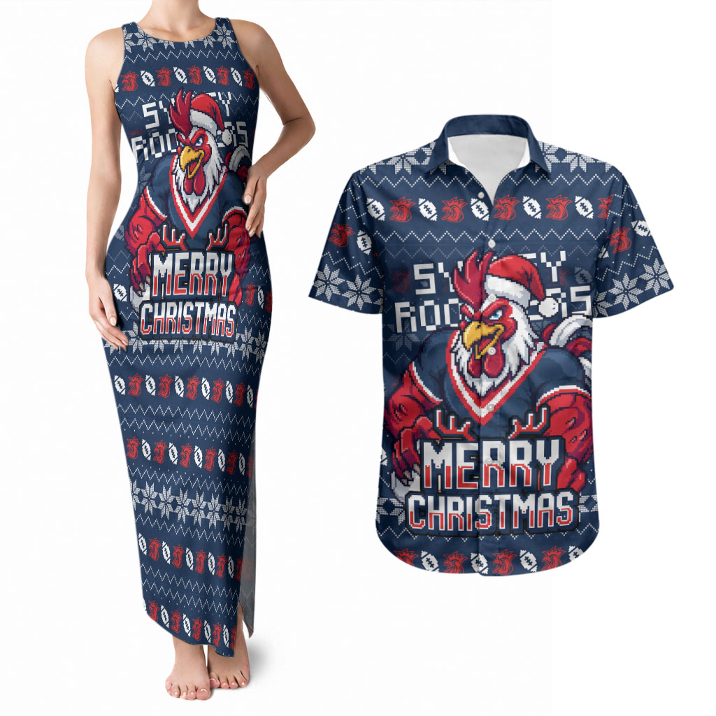 Personalized Sydney Roosters Christmas Couples Matching Tank Maxi Dress and Hawaiian Shirt Australian Rugby Fans - Pixelated Ugly Xmas Pattern Mascot Santa