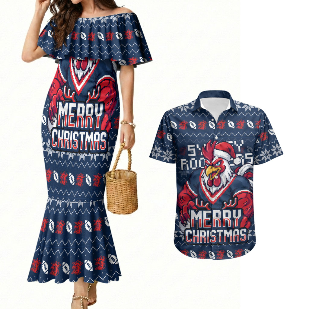 Personalized Sydney Roosters Christmas Couples Matching Mermaid Dress and Hawaiian Shirt Australian Rugby Fans - Pixelated Ugly Xmas Pattern Mascot Santa