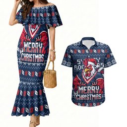 Personalized Sydney Roosters Christmas Couples Matching Mermaid Dress and Hawaiian Shirt Australian Rugby Fans - Pixelated Ugly Xmas Pattern Mascot Santa