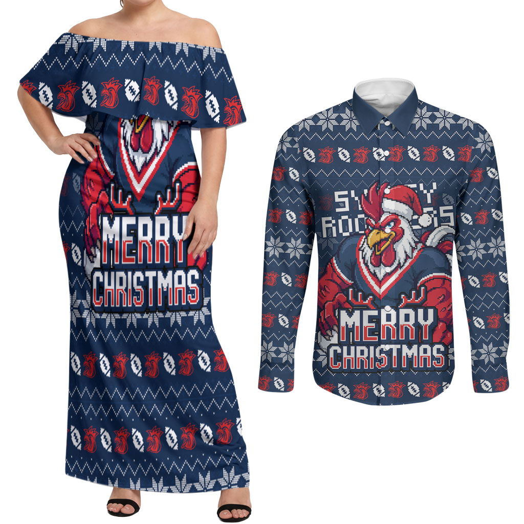 Personalized Sydney Roosters Christmas Couples Matching Off Shoulder Maxi Dress and Long Sleeve Button Shirt Australian Rugby Fans - Pixelated Ugly Xmas Pattern Mascot Santa