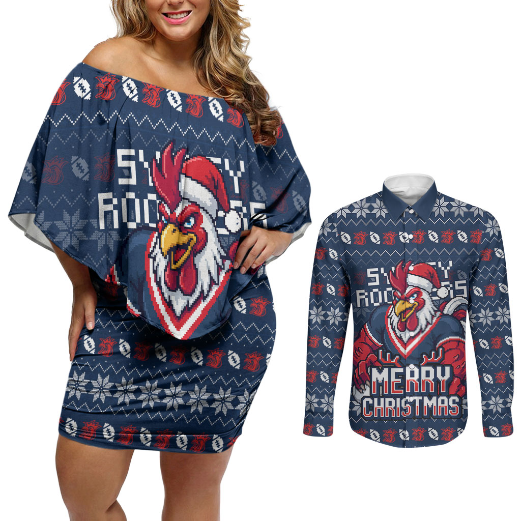 Personalized Sydney Roosters Christmas Couples Matching Off Shoulder Short Dress and Long Sleeve Button Shirt Australian Rugby Fans - Pixelated Ugly Xmas Pattern Mascot Santa