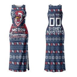 Personalized Sydney Roosters Christmas Couples Matching Tank Maxi Dress and Hawaiian Shirt Australian Rugby Fans - Pixelated Ugly Xmas Pattern Mascot Santa