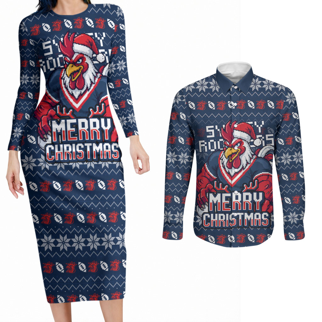 Personalized Sydney Roosters Christmas Couples Matching Long Sleeve Bodycon Dress and Long Sleeve Button Shirt Australian Rugby Fans - Pixelated Ugly Xmas Pattern Mascot Santa