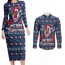 Personalized Sydney Roosters Christmas Couples Matching Long Sleeve Bodycon Dress and Long Sleeve Button Shirt Australian Rugby Fans - Pixelated Ugly Xmas Pattern Mascot Santa
