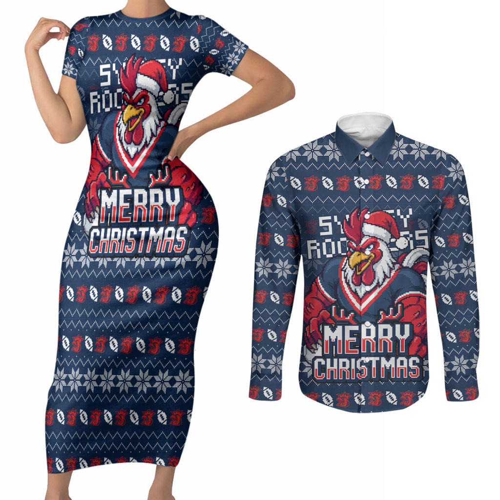 Personalized Sydney Roosters Christmas Couples Matching Short Sleeve Bodycon Dress and Long Sleeve Button Shirt Australian Rugby Fans - Pixelated Ugly Xmas Pattern Mascot Santa