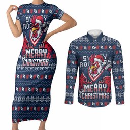 Personalized Sydney Roosters Christmas Couples Matching Short Sleeve Bodycon Dress and Long Sleeve Button Shirt Australian Rugby Fans - Pixelated Ugly Xmas Pattern Mascot Santa