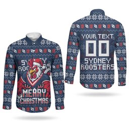 Personalized Sydney Roosters Christmas Couples Matching Short Sleeve Bodycon Dress and Long Sleeve Button Shirt Australian Rugby Fans - Pixelated Ugly Xmas Pattern Mascot Santa