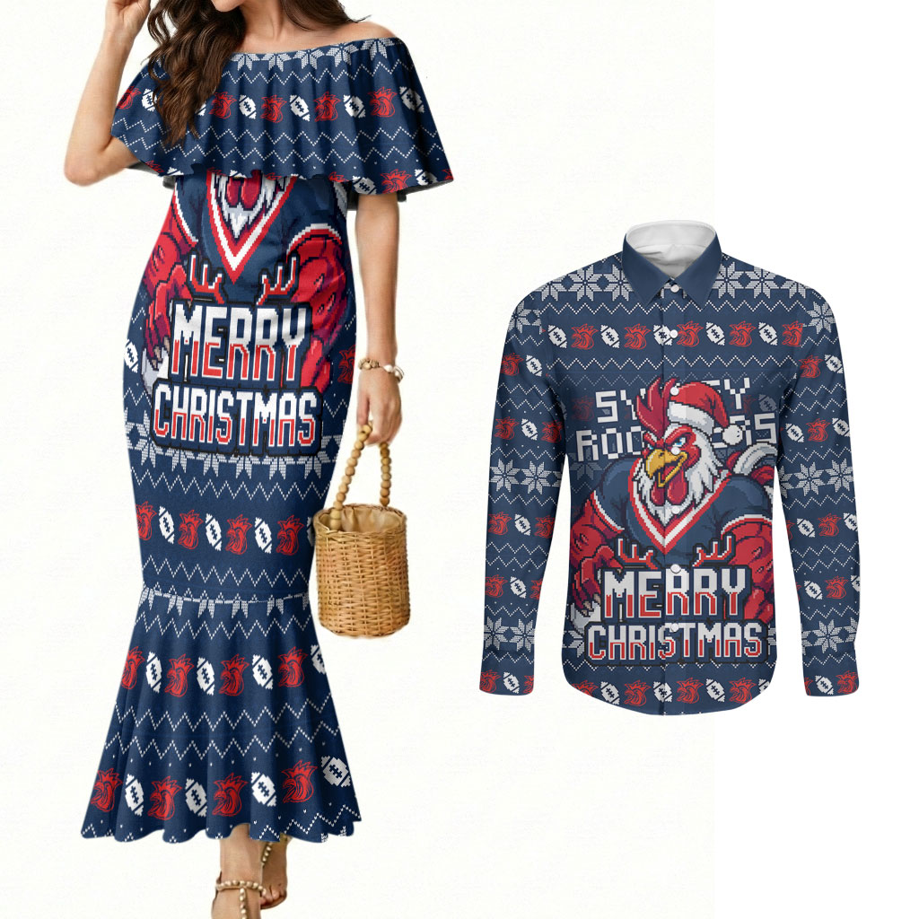 Personalized Sydney Roosters Christmas Couples Matching Mermaid Dress and Long Sleeve Button Shirt Australian Rugby Fans - Pixelated Ugly Xmas Pattern Mascot Santa