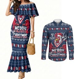 Personalized Sydney Roosters Christmas Couples Matching Mermaid Dress and Long Sleeve Button Shirt Australian Rugby Fans - Pixelated Ugly Xmas Pattern Mascot Santa