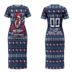 Personalized Sydney Roosters Christmas Couples Matching Short Sleeve Bodycon Dress and Long Sleeve Button Shirt Australian Rugby Fans - Pixelated Ugly Xmas Pattern Mascot Santa