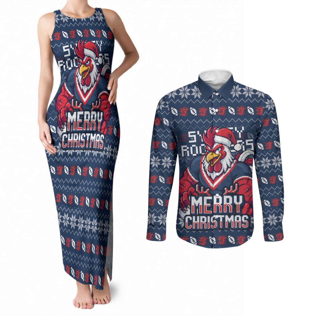 Personalized Sydney Roosters Christmas Couples Matching Tank Maxi Dress and Long Sleeve Button Shirt Australian Rugby Fans - Pixelated Ugly Xmas Pattern Mascot Santa