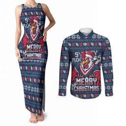 Personalized Sydney Roosters Christmas Couples Matching Tank Maxi Dress and Long Sleeve Button Shirt Australian Rugby Fans - Pixelated Ugly Xmas Pattern Mascot Santa